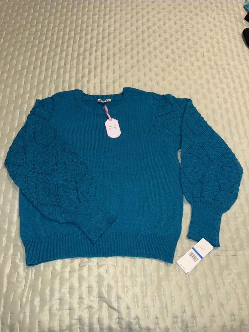 Nanette Lepore Dark Teal Puff-Sleeve Crewneck Sweater